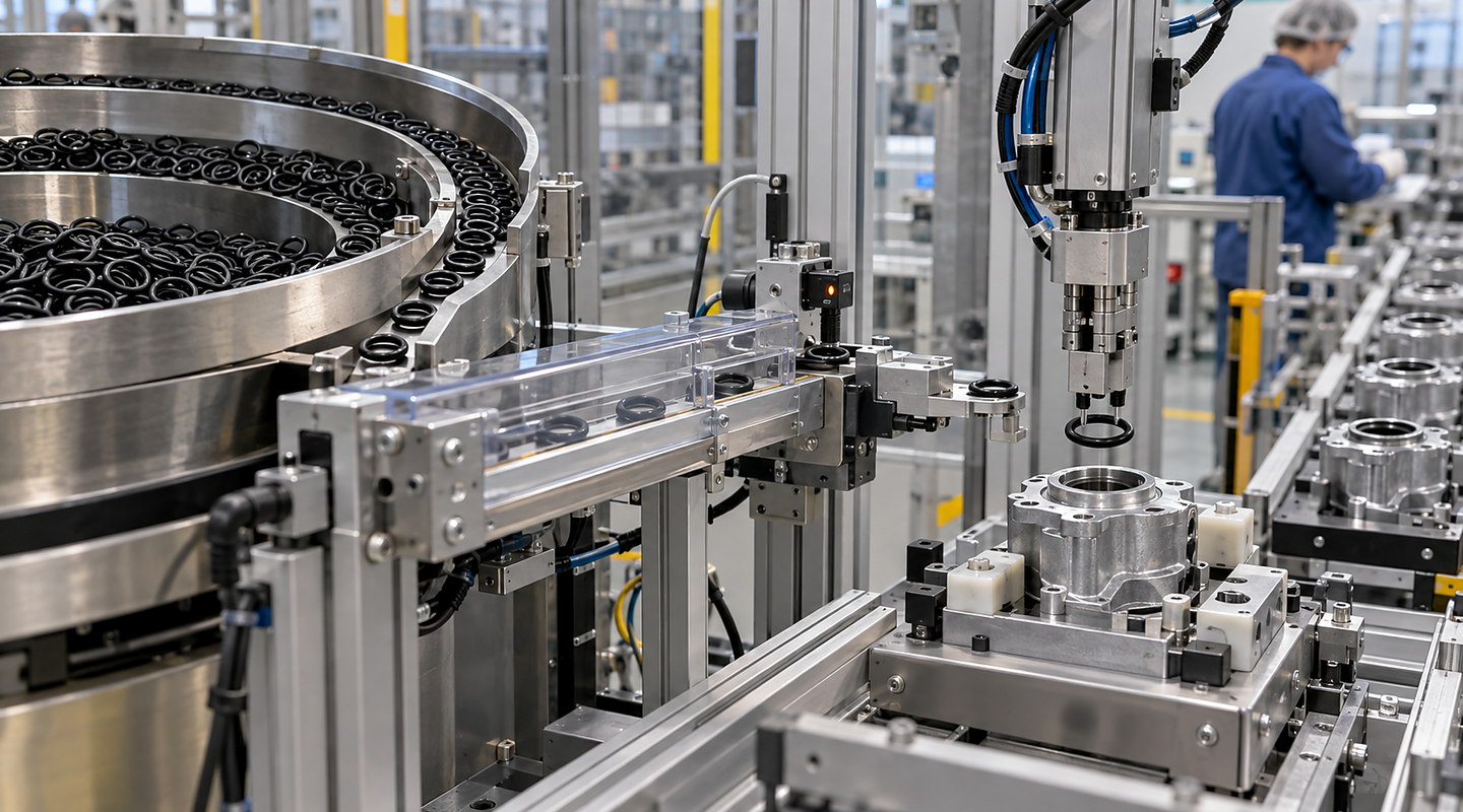 Flexible O-rings moving through a purpose-built feeder and escapement into an automated seal assembly station.